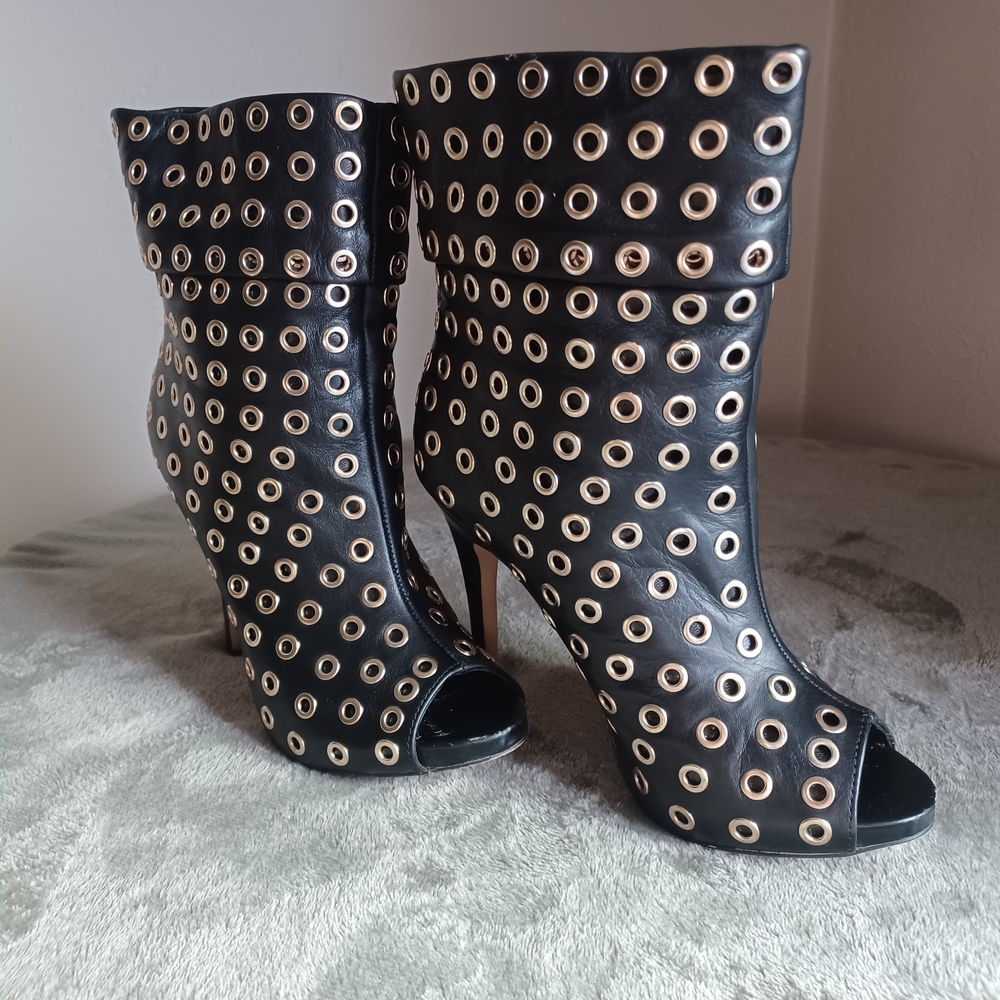 Aldo Black Peep-toe Boots with Gold Grommets
